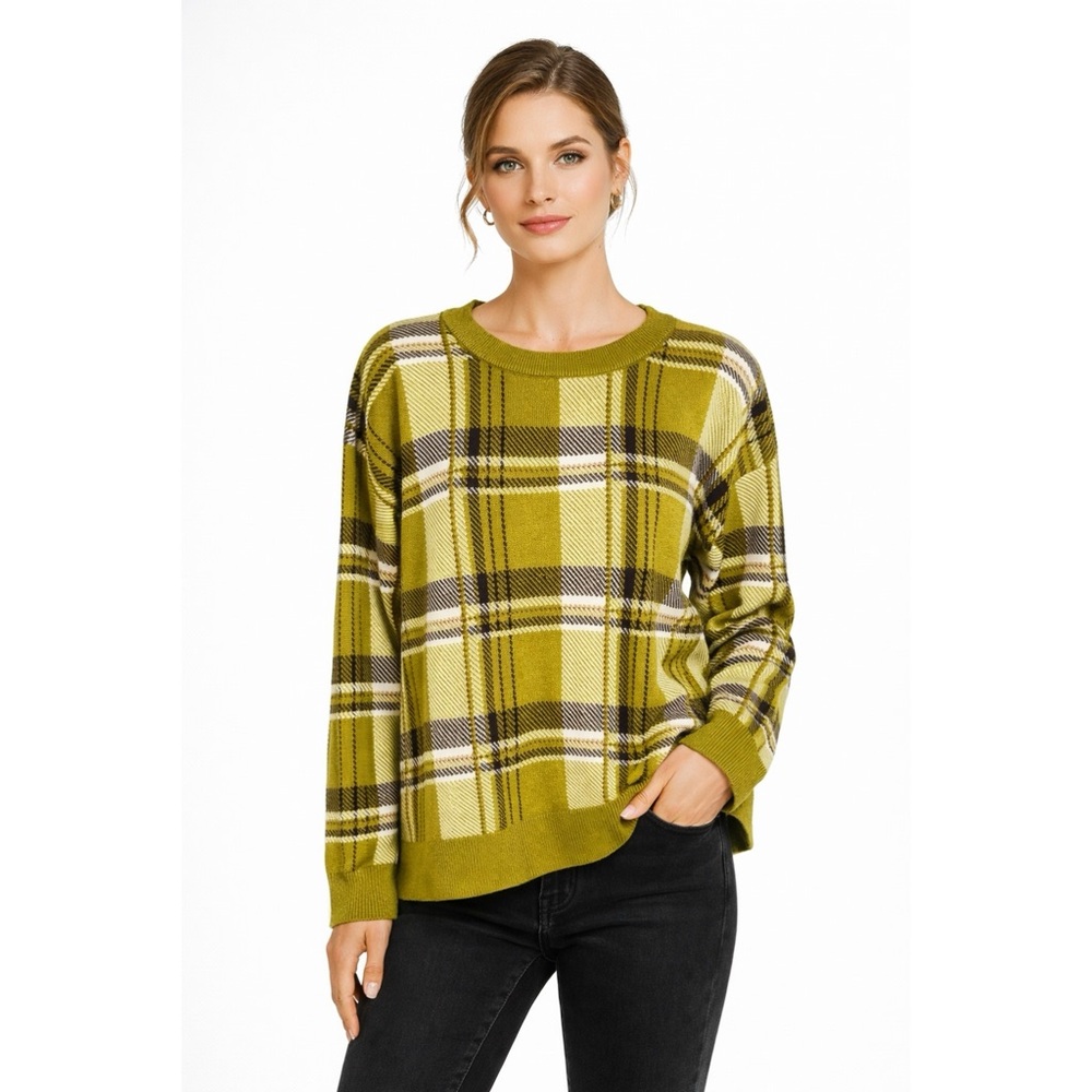 Tahari Green & Tan Plaid Crewneck Sweater Womens Size XL